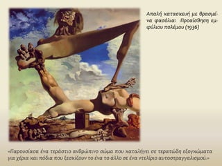 «Παρουσίασα ένα τεράστιο ανθρώπινο σώμα που καταλήγει σε τερατώδη εξογκώματα
για χέρια και πόδια που ξεσκίζουν το ένα το άλλο σε ένα ντελίριο αυτοστραγγαλισμού.»
Απαλή κατασκευή με βρασμέ-
να φασόλια: Προαίσθηση εμ-
φύλιου πολέμου (1936)
 