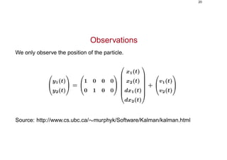 20
Observations
We only observe the position of the particle.


y1(t)
y2(t)

 =


1 0 0 0
0 1 0 0









x1(t)
x2(t)
dx1(t)
dx2(t)







+


v1(t)
v2(t)


Source: http://www.cs.ubc.ca/∼murphyk/Software/Kalman/kalman.html
 