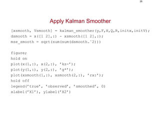26
Apply Kalman Smoother
[xsmooth, Vsmooth] = kalman_smoother(y,F,H,Q,R,initx,initV);
dsmooth = x([1 2],:) - xsmooth([1 2],:);
mse_smooth = sqrt(sum(sum(dsmooth.ˆ2)))
figure;
hold on
plot(x(1,:), x(2,:), ’ks-’);
plot(y(1,:), y(2,:), ’g*’);
plot(xsmooth(1,:), xsmooth(2,:), ’rx:’);
hold off
legend(’true’, ’observed’, ’smoothed’, 0)
xlabel(’X1’), ylabel(’X2’)
 