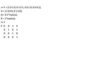 >> F = [1 0 1 0; 0 1 0 1; 0 0 1 0; 0 0 0 1];  H = [1 0 0 0; 0 1 0 0]; Q = 0.1*eye(ss); R = 1*eye(os); >> F F =1  0  1  0 0  1  0  1 0  0  1  0 0  0  0  1 