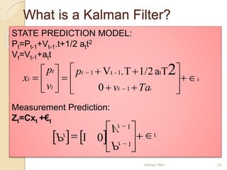 What is a Kalman Filter?
STATE PREDICTION MODEL:
Pt=Pt-1+Vt-1.t+1/2 att2
Vt=Vt-1+att
Measurement Prediction:
Zt=Cxt +€t
k
tTav
p
v
p
x
t
t
t
t
t 



















1
t1-t1
0
Ta1/2.TV 2
    t
t
t
t
V
P
P 








1
1
01
kalman filter 22
 