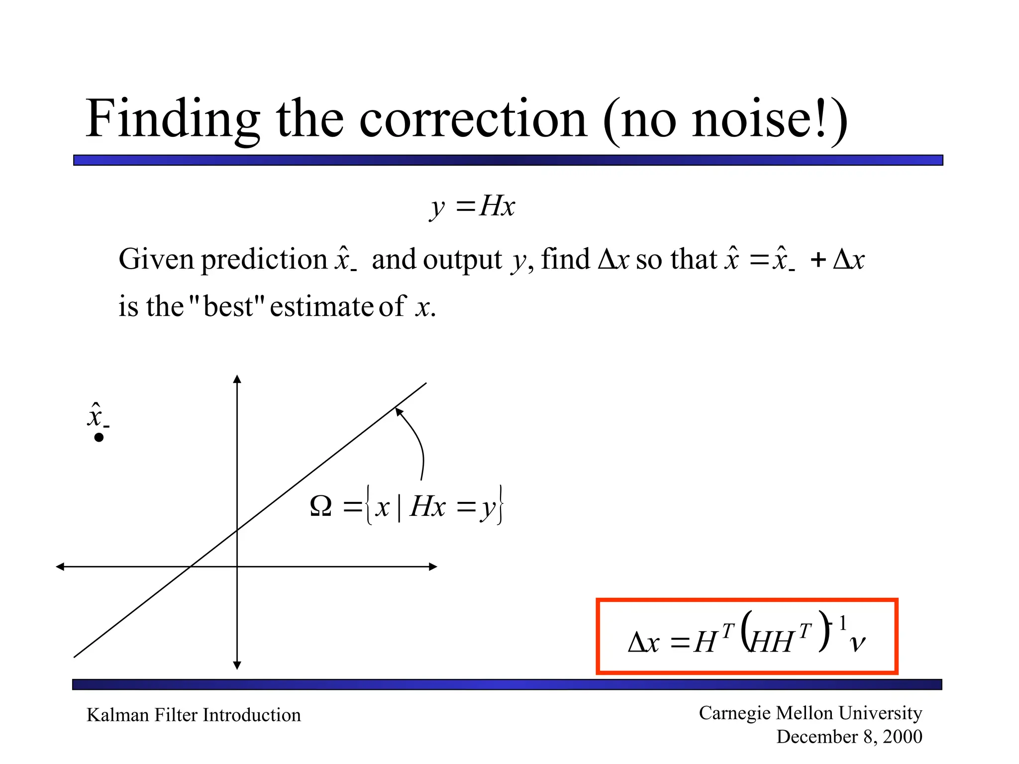 Kalman Filter Introduction Carnegie Mellon University
December 8, 2000
Finding the correction (no noise!)
.
of
estimate
best"
"
the
is
ˆ
ˆ
that
so
find
,
output
and
ˆ
prediction
Given
x
x
x
x
x
y
x 


 

Hx
y 
 
y
Hx
x 

 |

x̂

  
1


 T
T
HH
H
x
 