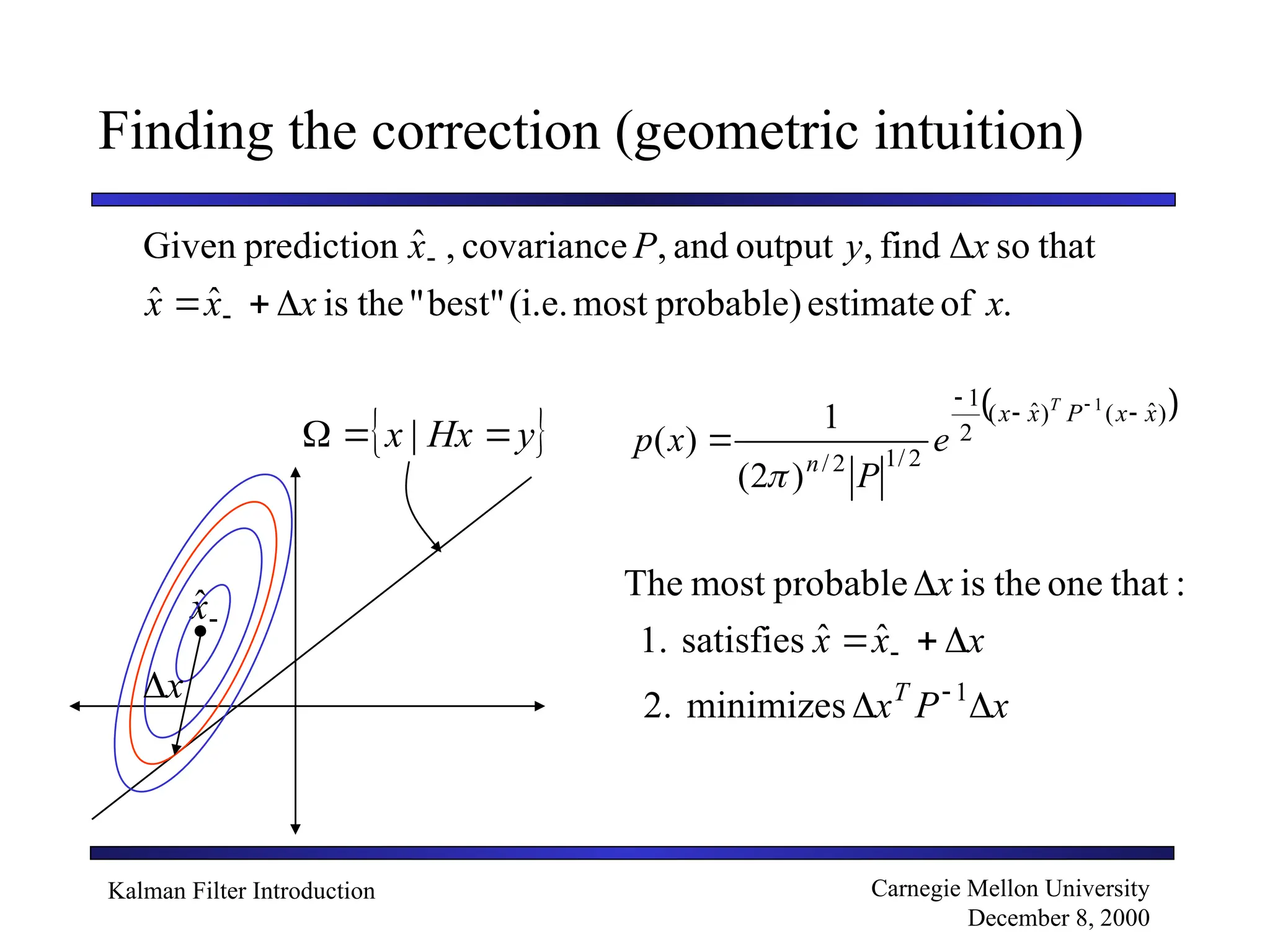 Kalman Filter Introduction Carnegie Mellon University
December 8, 2000
Finding the correction (geometric intuition)
.
of
estimate
probable)
most
(i.e.
best"
"
the
is
ˆ
ˆ
that
so
find
,
output
and
,
covariance
,
ˆ
prediction
Given
x
x
x
x
x
y
P
x






 
y
Hx
x 

 |

x̂

x

x
P
x
x
x
x
x
T








1
minimizes
2.
ˆ
ˆ
satisfies
1.
:
that
one
the
is
probable
most
The
 
)
ˆ
(
)
ˆ
(
2
1
2
/
1
2
/
1
)
2
(
1
)
(
x
x
P
x
x
n
T
e
P
x
p


 


 