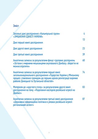3
Загальні дані дослідження «Кальміуської групи»
«ЗМІЦНЕННЯ ЄДНОСТІ УКРАЇНИ»
Дані першої хвилі дослідження							
Дані другої хвилі дослідження							
	
Дані третьої хвилі дослідження							
	
Аналітична записка за результатами фокус-групових досліджень
«Зв’язки з мирними мешканцями окупованого Донбасу: зберегти не
можна втратити»
	
Аналітична записка за результатами першої хвилі
загальнонаціонального дослідження «Лідерство України у Мінському
процесі: ставлення громадян до перших кроків реінтеграції окремих
районів Донецької та Луганської областей»	
Матеріали до «круглого столу» за результатами другої хвилі
дослідження на тему: «Подолання наслідків російської агресії на
Донбасі»				
Аналітична записка за результатами третьої хвилі дослідження
«Державна інформаційна політика в умовах російської агресії:
регіональний аспект»		
4
13
23
39
60
74
83
87
Зміст
 