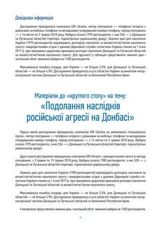 83
Довідкова інформація
Дослідження проводилося компанією GfK Ukraine, метод опитування — телефонні інтерв’ю з
дзвінками на мобільні телефони та випадковим генеруванням номера телефону, період опитування
— з 14 квітня по 2 травня 2018 року. Вибірка склала 1975 респондентів, з них 536 — з Донецької
та Луганської областей (території, підконтрольні українському уряду). Зважені дані для населення
України (1975 респондентів) відповідають розподілу населення за віком/статтю/типом населеного
пункту і макрорегіонами згідно з даними Державної служби статистики України станом на 1 січня
2017 р; при зважуванні додатково враховано розподіл населення Донецької та Луганскої областей
за віком/статтю/типом населеного пункту. Для зручності у таблицях представлено зважені дані і
загальний обсяг зваженої вибірки як 1500 респондентів.
Максимальна похибка складає: для України — не більше 2,5%, для Донецької та Луганської
областей — не більше 4,9%. Дослідження проводилось в усіх областях України за винятком непід-
контрольної частини Донецької та Луганської областей та Автономної Республіки Крим.
Матеріали до «круглого столу» на тему:
«Подолання наслідків
російської агресії на Донбасі»
Перша хвиля дослідження проводилась компанією GfK Ukraine на замовлення «Кальміуської
групи», метод опитування — телефонні інтерв’ю з дзвінками на мобільні телефони та випадковим
генеруванням номера телефону, період опитування — з 14 квітня по 2 травня 2018 року. Вибірка
склала 1975 респондентів, з них 536 — з Донецької та Луганської областей (території, підконтрольні
українському уряду).
Друга хвиля дослідження проводилась компанією GfK Ukraine, з використанням такого ж методу
опитування, з 3 травня по 19 травня 2018 року. Вибірка склала 1980 респондентів, з них 528 — з
Донецької та Луганської областей (території, підконтрольні українському уряду).
Зважені дані для населення України (1980 респондентів) відповідають розподілу населення за
віком/статтю/типом населеного пункту і макрорегіонами згідно з даними Державної служби ста-
тистики України станом на 1 січня 2017 р; при зважуванні додатково враховано розподіл населення
Донецької та Луганської областей за віком/статтю/типом населеного пункту.
Максимальна похибка складає: для України — не більше 2,5%, для Донецької та Луганської
областей — не більше 4,9%. Дослідження проводилось в усіх областях України за винятком непід-
контрольної частини Донецької та Луганської областей та Автономної Республіки Крим.
У матеріалах представлено зважені дані і загальний обсяг зваженої вибірки як 1500 респондентів.
 