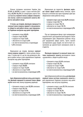 85
Більше половини населення України (від
57,6% до 60,5%) та двоє з трьох жителів Дон-
басу (64,8%-66,2%) не заперечують проти того,
щоб фахівці керівної ланки у сферах комуналь-
них послуг, освіти та соціального захисту збе-
регли свої робочі місця.
З тезою, що лікарям, фахівцям середньої та
нижньої ланок охорони здоров’я слід дозволи-
ти зберегти свої робочі місця у разі відновлен-
ня Україною контролю над цими територіями
• цілковито згодні 68,6%
• скоріше згодні 24,0%
• скоріше не згодні 3,4%
• абсолютно не згодні 2,4%
• не змогли визначитись із відповіддю
1,6% опитаних
Відношення до лікарів, фахівців керівної
ланки охорони здоров’я є також цілком лояль-
ним. З тезою про те, що їм слід дозволити збе-
регти робочі місця у разі відновлення Україною
контролю над цими територіями
• цілковито згодні 45,6% опитаних
• скоріше згодні 28,0%
• скоріше не згодні 12,4%
• абсолютно не згодні 9,6%
• не змогли визначитись із відповіддю 4,5%
Ідея збереження робочих місць для педаго-
гів, фахівців середньої та нижньої ланок сфери
освіти також має значну підтримку українців.
• Цілковито згодні із нею 52,0% опитаних
• скоріше згодні 26,1%
• скоріше не згодні 9,7%
• абсолютно не згодні 9,1%
• не змогли визначитись із відповіддю 3,2%
Відношення до педагогів, фахівців керів-
ної ланки сфери освіти менш лояльне, проте
більшість опитаних все одно підтримує ідею про
збереження ними робочих місць.
•Цілковитозгоднізцієютезою34,0%опитаних
• скоріше згодні 24,7 %
• скоріше не згодні 18,4 %
• абсолютно не згодні 18,1%
• не змогли визначитись із відповіддю 4,9%
Під час проведення фокус-груп напередодні
соціологічного дослідження респонденти також
підтримували ідею збереження робочих місць
для працівників сфери освіти, проте лунали
застереження щодо людей, які могли бути за-
лученими до ідеологічного виховання учнів та
студентів.
Фахівцям середньої та нижньої ланок сис-
теми соціального захисту респонденти також
«дозволяють» зберегти робочі місця.
• Цілковито згодні 43,4% опитаних
• скоріше згодні 32,1%
• скоріше не згодні 11,8%
• абсолютно не згодні 7,4%
• не змогли визначитись із відповіддю 5,4%
Ідея збереження робочих місць для фахівців
керівної ланки системи соціального захисту у
разі відновлення Україною контролю над цими
територіями, має наступну підтримку:
• цілковито згодні з нею 29,1% опитаних
• скоріше згодні 28,5%
• скоріше не згодні 18,1%
• абсолютно не згодні 18,1%
• не змогли визначитись із відповіддю 5,4%
 