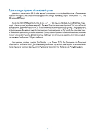 94
Третя хвиля дослідження «Кальміуської групи»
проводилася компанією GfK Ukraine, метод опитування — телефонні інтерв’ю з дзвінками на
мобільні телефони та випадковим генеруванням номера телефону, період опитування — з 4 по
20 червня 2018 року.
Вибірка склала 1966 респондентів, з них 540 — з Донецької та Луганської областей (тери-
торії, підконтрольні українському уряду). Зважені дані для населення України (1966 респондентів)
відповідають розподілу населення за віком/статтю/типом населеного пункту і макрорегіонами
згідно з даними Державної служби статистики України станом на 1 січня 2017 р; при зважуван-
ні додатково враховано розподіл населення Донецької та Луганскої областей за віком/статтю/
типом населеного пункту. Для зручності у таблицях представлено зважені дані і загальний об-
сяг зваженої вибірки як 1500 респондентів.
Максимальна похибка складає: для України — не більше 2,5%, для Донецької та Луганської
областей — не більше 4,9%. Дослідження проводилось в усіх областях України за винятком не-
підконтрольної частини Донецької та Луганської областей та Автономної Республіки Крим.
 