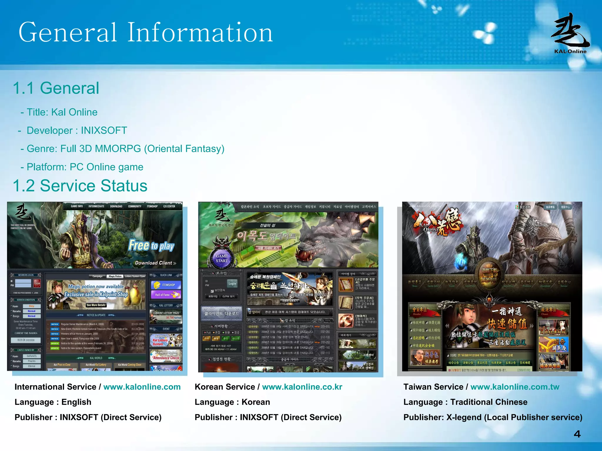 General Information Korean Service /  www.kalonline.co.kr Language : Korean Publisher : INIXSOFT (Direct Service) International Service /  www.kalonline.com Language : English Publisher : INIXSOFT (Direct Service) Taiwan Service /  www.kalonline.com.tw Language : Traditional Chinese Publisher: X-legend (Local Publisher service) 1.1 General - Title: Kal Online -  Developer : INIXSOFT - Genre: Full 3D MMORPG (Oriental Fantasy) - Platform: PC Online game 1.2 Service Status 