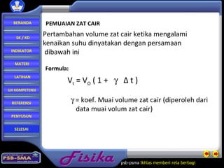 Fisika psb-psma  Ikhlas memberi rela   berbagi  PEMUAIAN ZAT CAIR Formula: V t  = V O  ( 1 +     Δ t )    = koef. Muai volume zat cair (diperoleh dari data muai volum zat cair) Pertambahan volume zat cair ketika mengalami  kenaikan suhu dinyatakan dengan persamaan dibawah ini BERANDA SK / KD INDIKATOR MATERI LATIHAN REFERENSI PENYUSUN UJI KOMPETENSI SELESAI 