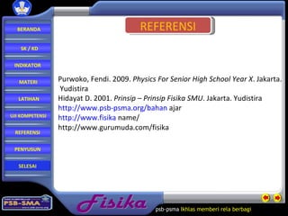 Fisika psb-psma  Ikhlas memberi rela   berbagi  REFERENSI Purwoko, Fendi. 2009.  Physics For Senior High School Year X . Jakarta. Yudistira Hidayat D. 2001.  Prinsip – Prinsip Fisika SMU . Jakarta. Yudistira http://www.psb-psma.org/bahan  ajar http://www.fisika  name/ http://www.gurumuda.com/fisika BERANDA SK / KD INDIKATOR MATERI LATIHAN REFERENSI PENYUSUN UJI KOMPETENSI SELESAI 