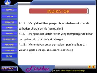 4.1.1.  Mengidentifikasi pengaruh perubahan suhu benda terhadap ukuran benda ( pemuaian ) 4.12. Menjelaskan faktor-faktor yang mempengaruhi besar  pemuaian zat padat, zat cair, dan gas. 4.1.3. Menentukan besar pemuaian ( panjang, luas dan  volumeI pada berbagai zat secara kuantitatif) Fisika psb-psma  Ikhlas memberi rela   berbagi  INDIKATOR BERANDA SK / KD INDIKATOR MATERI LATIHAN REFERENSI PENYUSUN UJI KOMPETENSI SELESAI 
