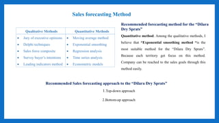 Qualitative Methods Quantitative Methods
 Jury of executive opinions
 Delphi techniques
 Sales force composite
 Survey buyer’s intentions
 Leading indicators method
 Moving average method
 Exponential smoothing
 Regression analysis
 Time series analysis
 Econometric models
Sales forecasting Method
Quantitative method. Among the qualitative methods, I
believe that “Exponential smoothing method “is the
most suitable method for the “Dilara Dry Sprats”.
Because each territory get focus on this method.
Company can be reached to the sales goals through this
method easily.
Recommended forecasting method for the “Dilara
Dry Sprats”
Recommended Sales forecasting approach to the “Dilara Dry Sprats”
1.Top-down approach
2.Bottom-up approach
 