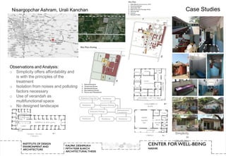 Nisargopchar Ashram, Urali Kanchan             Case Studies




Observations and Analysis:
o Simplicity offers affordability and
   is with the principles of the
   treatment
o Isolation from noises and polluting
   factors necessary
o Use of verandah as
   multifunctional space
o No designed landscape




                                        Simplicity
                                                 in
                                        structures
 