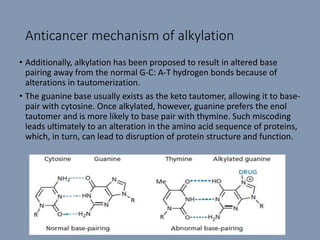 Anticancer mechanism of alkylation
• Additionally, alkylation has been proposed to result in altered base
pairing away from the normal G-C: A-T hydrogen bonds because of
alterations in tautomerization.
• The guanine base usually exists as the keto tautomer, allowing it to base-
pair with cytosine. Once alkylated, however, guanine prefers the enol
tautomer and is more likely to base pair with thymine. Such miscoding
leads ultimately to an alteration in the amino acid sequence of proteins,
which, in turn, can lead to disruption of protein structure and function.
 