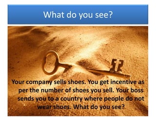 What do you see?




Your company sells shoes. You get incentive as
  per the number of shoes you sell. Your boss
  sends you to a country where people do not
         wear shoes. What do you see?
 
