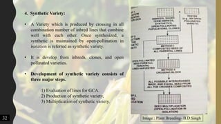 32
4. Synthetic Variety:
• A Variety which is produced by crossing in all
combination number of inbred lines that combine
well with each other. Once synthesized, a
synthetic is maintained by open-pollination in
isolation is referred as synthetic variety.
• It is develop from inbreds, clones, and open
pollinated varieties.
• Development of synthetic variety consists of
three major steps.
1) Evaluation of lines for GCA.
2) Production of synthetic variety,
3) Multiplication of synthetic variety.
Image : Plant Breeding- B.D.Singh
 