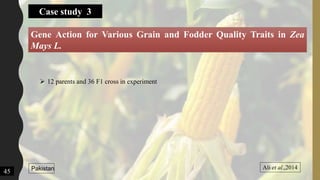 Case study 3
Gene Action for Various Grain and Fodder Quality Traits in Zea
Mays L.
Ali et al.,2014Pakistan
 12 parents and 36 F1 cross in experiment
45
 