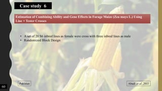 Estimation of Combining Ability and Gene Effects in Forage Maize (Zea mays L.) Using
Line × Tester Crosses
Abadi et al.,2011Pakistan
60
• A set of 20 S6 inbred lines as female were cross with three inbred lines as male
• Randomized Block Design
Case study 6
 