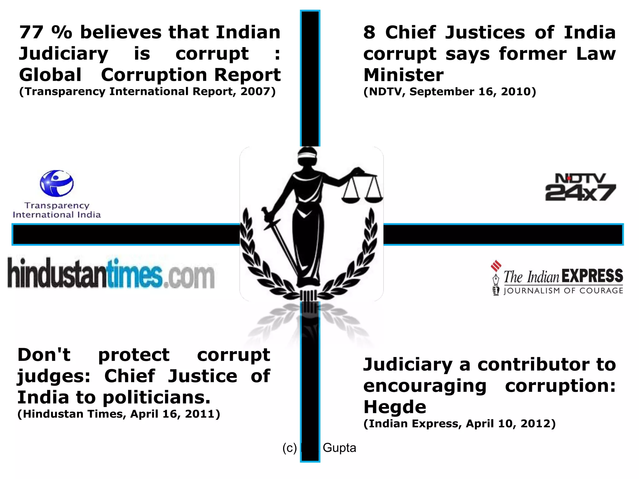77 % believes that Indian                                   8 Chief Justices of India
Judiciary is corrupt :                                      corrupt says former Law
Global Corruption Report                                    Minister
(Transparency International Report, 2007)                   (NDTV, September 16, 2010)




Don't   protect    corrupt
                                                            Judiciary a contributor to
judges: Chief Justice of
                                                            encouraging corruption:
India to politicians.
(Hindustan Times, April 16, 2011)                           Hegde
                                                            (Indian Express, April 10, 2012)

                                            (c) K L Gupta
 