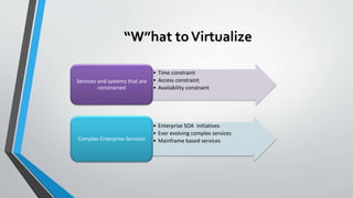 “W”hat toVirtualize
• Time constraint
• Access constraint
• Availability constraint
Services and systems that are
constrained
• Enterprise SOA initiatives
• Ever evolving complex services
• Mainframe based servicesComplex Enterprise Services
 