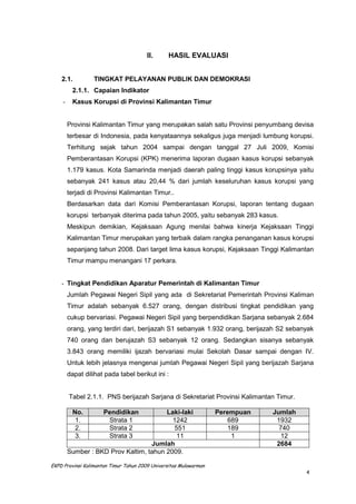 II.      HASIL EVALUASI


    2.1.           TINGKAT PELAYANAN PUBLIK DAN DEMOKRASI
           2.1.1. Capaian Indikator
     -     Kasus Korupsi di Provinsi Kalimantan Timur


         Provinsi Kalimantan Timur yang merupakan salah satu Provinsi penyumbang devisa
         terbesar di Indonesia, pada kenyataannya sekaligus juga menjadi lumbung korupsi.
         Terhitung sejak tahun 2004 sampai dengan tanggal 27 Juli 2009, Komisi
         Pemberantasan Korupsi (KPK) menerima laporan dugaan kasus korupsi sebanyak
         1.179 kasus. Kota Samarinda menjadi daerah paling tinggi kasus korupsinya yaitu
         sebanyak 241 kasus atau 20,44 % dari jumlah keseluruhan kasus korupsi yang
         terjadi di Provinsi Kalimantan Timur..
         Berdasarkan data dari Komisi Pemberantasan Korupsi, laporan tentang dugaan
         korupsi terbanyak diterima pada tahun 2005, yaitu sebanyak 283 kasus.
         Meskipun demikian, Kejaksaan Agung menilai bahwa kinerja Kejaksaan Tinggi
         Kalimantan Timur merupakan yang terbaik dalam rangka penanganan kasus korupsi
         sepanjang tahun 2008. Dari target lima kasus korupsi, Kejaksaan Tinggi Kalimantan
         Timur mampu menangani 17 perkara.


    - Tingkat Pendidikan Aparatur Pemerintah di Kalimantan Timur
         Jumlah Pegawai Negeri Sipil yang ada di Sekretariat Pemerintah Provinsi Kaliman
         Timur adalah sebanyak 6.527 orang, dengan distribusi tingkat pendidikan yang
         cukup bervariasi. Pegawai Negeri Sipil yang berpendidikan Sarjana sebanyak 2.684
         orang, yang terdiri dari, berijazah S1 sebanyak 1.932 orang, berijazah S2 sebanyak
         740 orang dan berujazah S3 sebanyak 12 orang. Sedangkan sisanya sebanyak
         3.843 orang memiliki ijazah bervariasi mulai Sekolah Dasar sampai dengan IV.
         Untuk lebih jelasnya mengenai jumlah Pegawai Negeri Sipil yang berijazah Sarjana
         dapat dilihat pada tabel berikut ini :


         Tabel 2.1.1. PNS berijazah Sarjana di Sekretariat Provinsi Kalimantan Timur.

           No.        Pendidikan         Laki-laki                 Perempuan   Jumlah
            1.         Strata 1            1242                       689       1932
            2.         Strata 2            551                        189        740
            3.         Strata 3             11                         1         12
                                    Jumlah                                      2684
         Sumber : BKD Prov Kaltim, tahun 2009.

EKPD Provinsi Kalimantan Timur Tahun 2009 Universitas Mulawarman
                                                                                        4
 