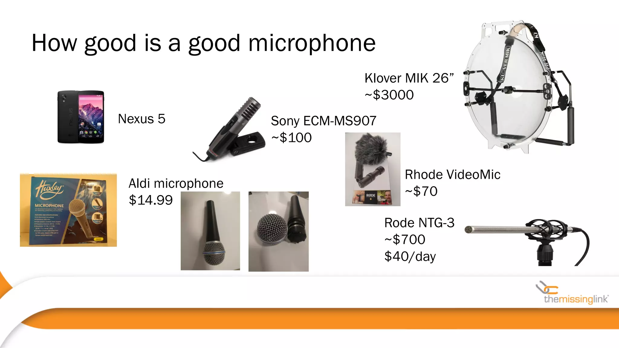 Sony ECM-MS907
~$100
Nexus 5
Rhode VideoMic
~$70
Aldi microphone
$14.99
Klover MIK 26”
~$3000
Rode NTG-3
~$700
$40/day
How good is a good microphone
 