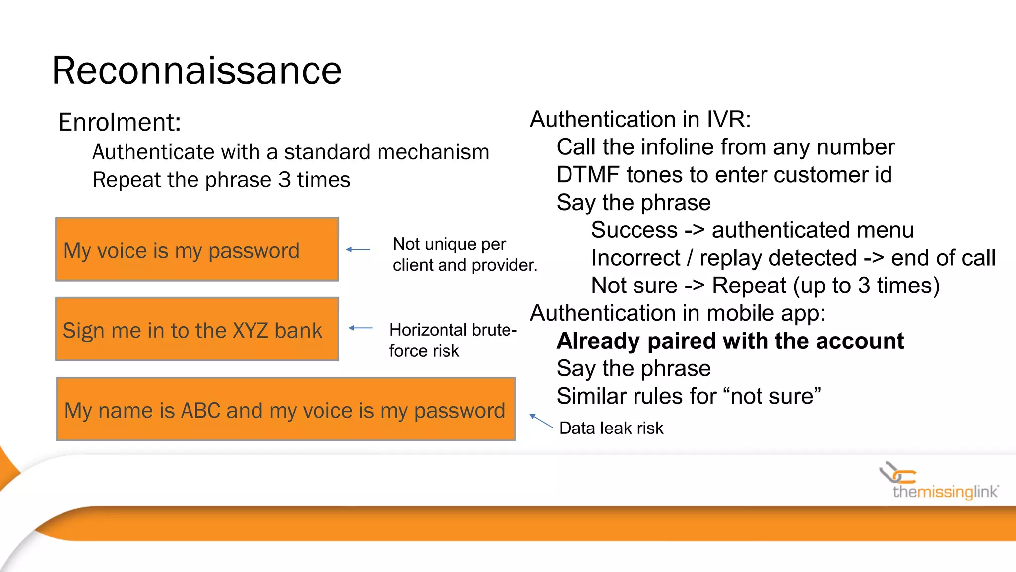 Enrolment:
Authenticate with a standard mechanism
Repeat the phrase 3 times
My name is ABC and my voice is my password
My voice is my password
Sign me in to the XYZ bank
Not unique per
client and provider.
Horizontal brute-
force risk
Data leak risk
Authentication in IVR:
Call the infoline from any number
DTMF tones to enter customer id
Say the phrase
Success -> authenticated menu
Incorrect / replay detected -> end of call
Not sure -> Repeat (up to 3 times)
Authentication in mobile app:
Already paired with the account
Say the phrase
Similar rules for “not sure”
Reconnaissance
 