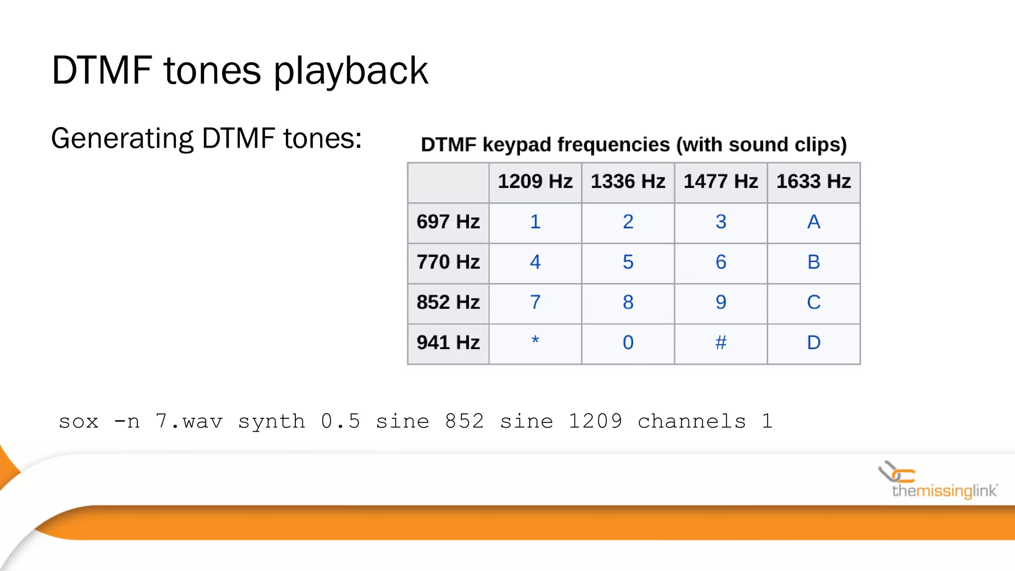 Generating DTMF tones:
sox -n 7.wav synth 0.5 sine 852 sine 1209 channels 1
DTMF tones playback
 