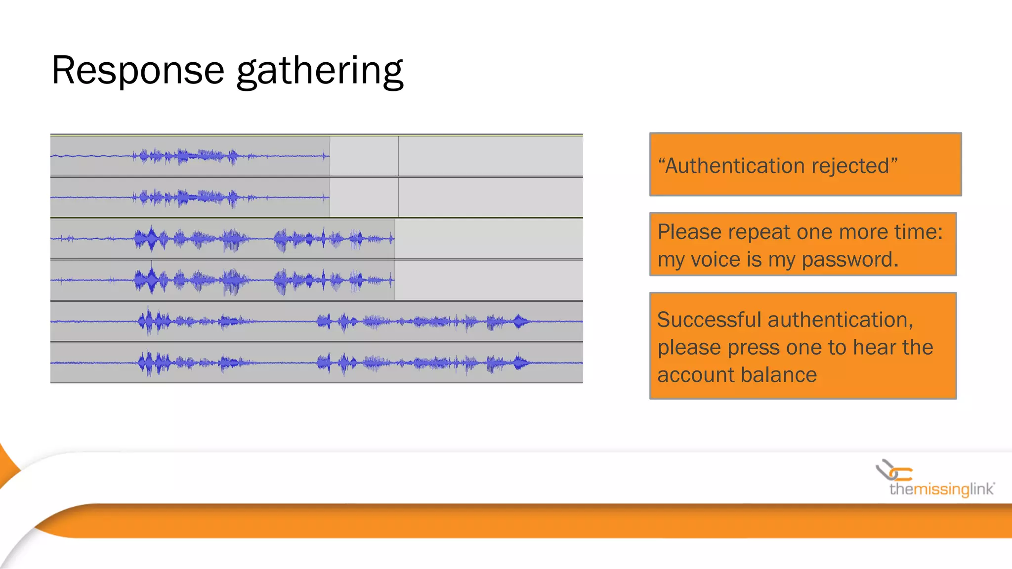 Successful authentication,
please press one to hear the
account balance
Please repeat one more time:
my voice is my password.
“Authentication rejected”
Response gathering
 