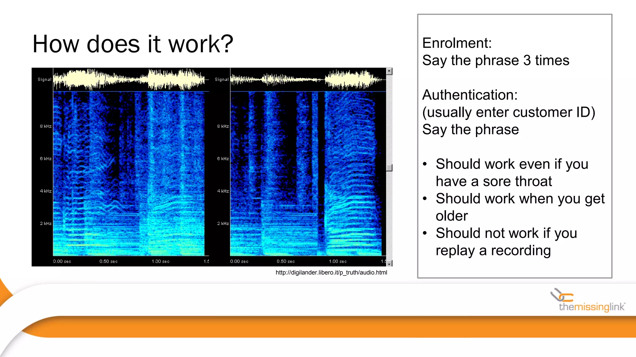 http://digilander.libero.it/p_truth/audio.html
Enrolment:
Say the phrase 3 times
Authentication:
(usually enter customer ID)
Say the phrase
• Should work even if you
have a sore throat
• Should work when you get
older
• Should not work if you
replay a recording
How does it work?
 