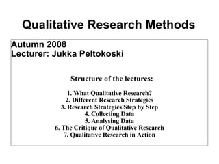 Qualitative Research Methods Autumn 2009 Lecturer: Jukka Peltokoski Structure of the lectures: 1. What Qualitative Research? 2. Different Research Strategies 3. Research Strategies Step by Step 4. Collecting Data 5. Analysing Data 6. The Critique of Qualitative Research 7. Qualitative Research in Action 