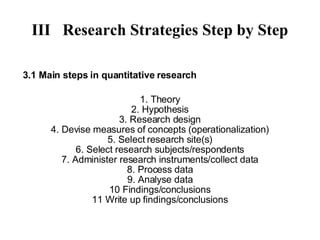 III Research Strategies Step by Step 3.1 Main steps in quantitative research 1. Theory 2. Hypothesis 3. Research design 4. Devise measures of concepts (operationalization)‏ 5. Select research site(s)‏ 6. Select research subjects/respondents 7. Administer research instruments/collect data 8. Process data 9. Analyse data 10 Findings/conclusions 11 Write up findings/conclusions 