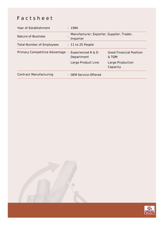 F a c t s h e e t
Year of Establishment : 1994
Nature of Business :
Manufacturer, Exporter, Supplier, Trader,
Importer
Total Number of Employees : 11 to 25 People
Primary Competitive Advantage : Experienced R & D
Department
Good Financial Position
& TQM
Large Product Line Large Production
Capacity
Contract Manufacturing : OEM Service Offered
 