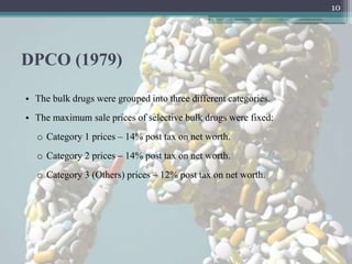 10




DPCO (1979)

• The bulk drugs were grouped into three different categories.
• The maximum sale prices of selective bulk drugs were fixed:
  o Category 1 prices – 14% post tax on net worth.
  o Category 2 prices – 14% post tax on net worth.
  o Category 3 (Others) prices – 12% post tax on net worth.
 
