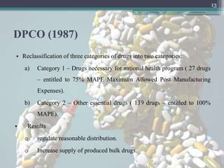 13




DPCO (1987)
• Reclassification of three categories of drugs into two categories:
    a)   Category 1 – Drugs necessary for national health program ( 27 drugs
         – entitled to 75% MAPE Maximum Allowed Post Manufacturing
         Expenses).
    b)   Category 2 – Other essential drugs ( 139 drugs – entitled to 100%
         MAPE).
•    Results
    o    regulate reasonable distribution.
    o    Increase supply of produced bulk drugs.
 