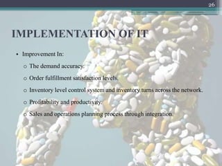 26




IMPLEMENTATION OF IT
• Improvement In:
  o The demand accuracy.
  o Order fulfillment satisfaction levels.
  o Inventory level control system and inventory turns across the network.
  o Profitability and productivity.
  o Sales and operations planning process through integration.
 
