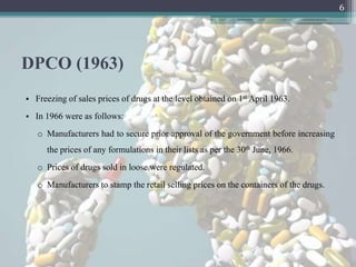 6




DPCO (1963)
• Freezing of sales prices of drugs at the level obtained on 1st April 1963.
• In 1966 were as follows:
   o Manufacturers had to secure prior approval of the government before increasing
      the prices of any formulations in their lists as per the 30th June, 1966.
   o Prices of drugs sold in loose were regulated.
   o Manufacturers to stamp the retail selling prices on the containers of the drugs.
 