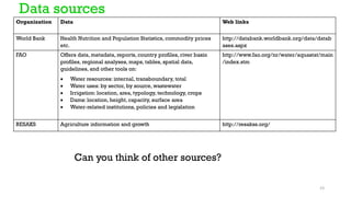 Data sources
Organization Data Web links
World Bank Health Nutrition and Population Statistics, commodity prices
etc.
http://databank.worldbank.org/data/datab
ases.aspx
FAO Offers data, metadata, reports, country profiles, river basin
profiles, regional analyses, maps, tables, spatial data,
guidelines, and other tools on:
• Water resources: internal, transboundary, total
• Water uses: by sector, by source, wastewater
• Irrigation: location, area, typology, technology, crops
• Dams: location, height, capacity, surface area
• Water-related institutions, policies and legislation
http://www.fao.org/nr/water/aquastat/main
/index.stm
RESAKS Agriculture information and growth http://resakss.org/
Can you think of other sources?
23
 