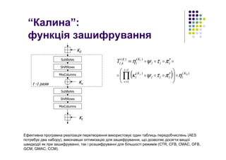 “Калина”:
функція зашифрування
K0
SubBytes
ShiftRows
MixColumns
Kvt -1 разів
Kt
SubBytes
ShiftRows
MixColumns
( ) )(
1
1
)(
)()(
,
0K
l
t
v
lll
K
l
lll
K
l
K
kl
v
t
T
ηπτψκ
πτψη
ooooo
oooo






′
′=
∏
−
=
Ефективна програмна реалізація перетворення використовує один таблиць передобчислень (AES
потребує два набору), виконавши оптимізацію для зашифрування, що дозволяє досягти вищої
швидкодії як при зашифруванні, так і розшифруванні для більшості режимів (CTR, CFB, CMAC, OFB,
GCM, GMAC, CCM).
 
