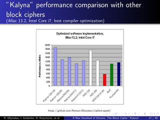 ”Kalyna” performance comparison with other
block ciphers
(iMac 13.2, Intel Core i7, best compiler optimization)
https://github.com/Roman-Oliynykov/ciphers-speed/
R. Oliynykov, I. Gorbenko, O. Kazymyrov, et al. A New Standard of Ukraine: The Block Cipher ”Kalyna” 17 / 20
 