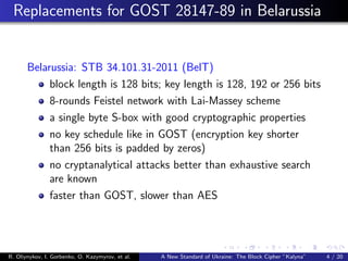 Replacements for GOST 28147-89 in Belarussia
Belarussia: STB 34.101.31-2011 (BelT)
block length is 128 bits; key length is 128, 192 or 256 bits
8-rounds Feistel network with Lai-Massey scheme
a single byte S-box with good cryptographic properties
no key schedule like in GOST (encryption key shorter
than 256 bits is padded by zeros)
no cryptanalytical attacks better than exhaustive search
are known
faster than GOST, slower than AES
R. Oliynykov, I. Gorbenko, O. Kazymyrov, et al. A New Standard of Ukraine: The Block Cipher ”Kalyna” 4 / 20
 