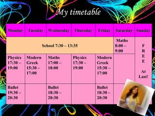 My timetable Monday Tuesday Wednesday Thursday Friday Saturday Sunday School 7:30 C 13:35 ? Maths 8:00 C 9:00 F R E E At Last! Physics 17 :30 C  19 :00 Modern Greek 15 :30 C  17 :00 Maths 17 :00 C  18 :00 Physics 17 :30 C  19 :00 Modern Greek 15 :30 C  17 :00 Ballet 19 : 30  C  20 :30 ? Ballet 18 :30 C  20 : 30 ? Ballet 18 :30 C  20 : 30  ? 