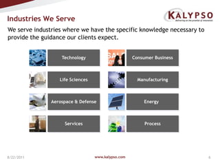 www.kalypso.com8/18/2011Industries We Serve We serve industries where we have the specific knowledge necessary to provide the guidance our clients expect.TechnologyConsumer BusinessManufacturingLife SciencesAerospace & DefenseEnergyServicesProcess