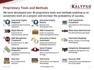 www.kalypso.com8/18/2011Proprietary Tools and Methods We have developed over 40 proprietary tools and methods enabling us to accelerate work on a project and increase the probability of success. Innovation Engine DiagnosticCapabilities Benchmarking AssessmentInnovation Engine ResultsBusiness Case       Development ToolPLM Capabilities FrameworkComprehensive PLM Analytical Tool Rapid ResultsBusiness-Driven Implementation MethodPMO FrameworkGuide for Creating a Project Management OfficePhase Gate OptimizationPre-Defined Phase Gate ModelR&D Management FrameworkKey Dimensions for R&D ExcellenceInnovation Climate AssessmentOrganizational Behavior and Design AssessmentInnovation RoadmapMarket, Product & Technology Roadmapping Complexity ManagementComplexity Management and MethodologySocial Product InnovationWeb 2.0 and Enterprise 2.0 StrategyValue Management DiagnosticCapabilities Benchmarking AssessmentPLM EvolvePLM Evolution and Upgrade MethodologyNova for PPMInnovation Process Management Fast-Track ModelPLM VivoPre-configured PLM Solutions