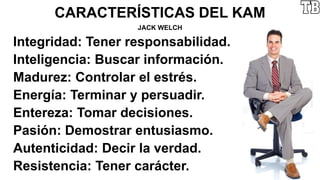 CARACTERÍSTICAS DEL KAM
JACK WELCH
Integridad: Tener responsabilidad.
Inteligencia: Buscar información.
Madurez: Controlar el estrés.
Energía: Terminar y persuadir.
Entereza: Tomar decisiones.
Pasión: Demostrar entusiasmo.
Autenticidad: Decir la verdad.
Resistencia: Tener carácter.
 