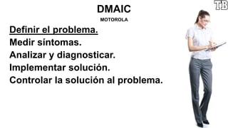 DMAIC
MOTOROLA
Definir el problema.
Medir síntomas.
Analizar y diagnosticar.
Implementar solución.
Controlar la solución al problema.
 