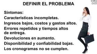 DEFINIR EL PROBLEMA
Síntomas:
Características incompletas.
Ingresos bajos, costos y gastos altos.
Errores repetidos y tiempos altos
de entrega.
Devoluciones en aumento.
Disponibilidad y confiabilidad bajas.
Los cronogramas no se cumplen.
 