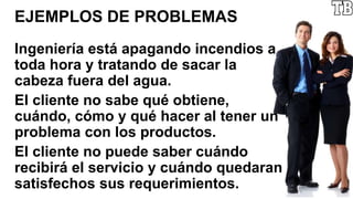 EJEMPLOS DE PROBLEMAS
Ingeniería está apagando incendios a
toda hora y tratando de sacar la
cabeza fuera del agua.
El cliente no sabe qué obtiene,
cuándo, cómo y qué hacer al tener un
problema con los productos.
El cliente no puede saber cuándo
recibirá el servicio y cuándo quedaran
satisfechos sus requerimientos.
 