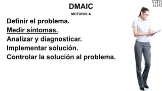 DMAIC
MOTOROLA
Definir el problema.
Medir síntomas.
Analizar y diagnosticar.
Implementar solución.
Controlar la solución al problema.
 