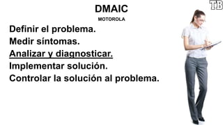 DMAIC
MOTOROLA
Definir el problema.
Medir síntomas.
Analizar y diagnosticar.
Implementar solución.
Controlar la solución al problema.
 